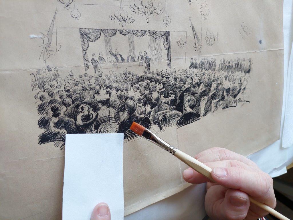 Conservation of Menachem Okin's painting of the Second Zionist Congress in Basel